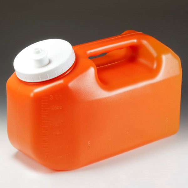 Container, 24 Hour Urine Collection, 3 Liter, Red with Screwcap and Snap Pour Spout