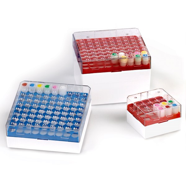 BioBOX 81, for 3.0mL, 4.0mL and 5.0mL CryoCLEAR vials, Polycarbonate (PC), Holds 81 vials (9x9 format), Printed Lid, Pack Includes a CryoClear Tube Picker, RED