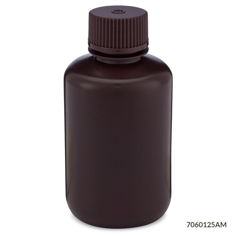 Bottle, Narrow Mouth, HDPE Bottle, Attached PP Screw Cap, Amber, 125mL, 12/Pack