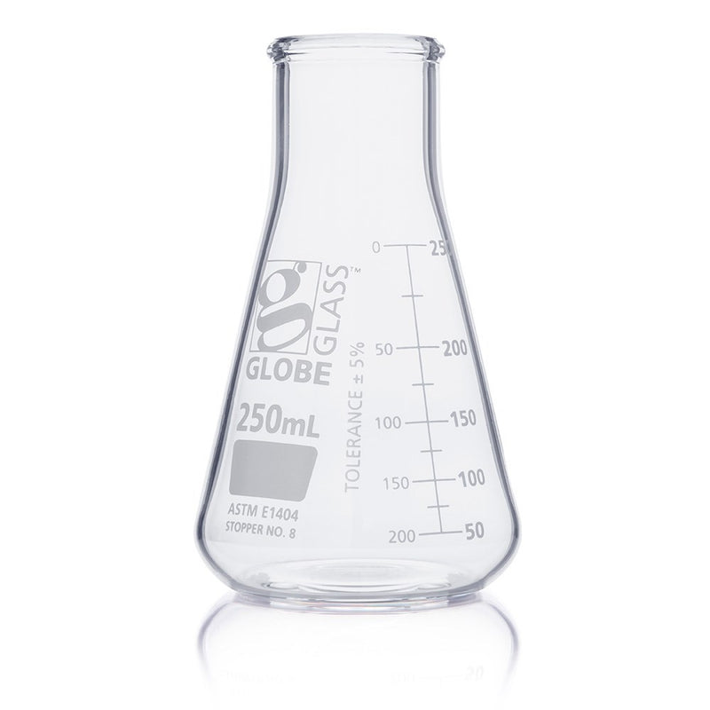 Flask, Erlenmeyer, Globe Glass, 250mL, Wide Mouth, Dual Graduations, ASTM E1404, 12/Box