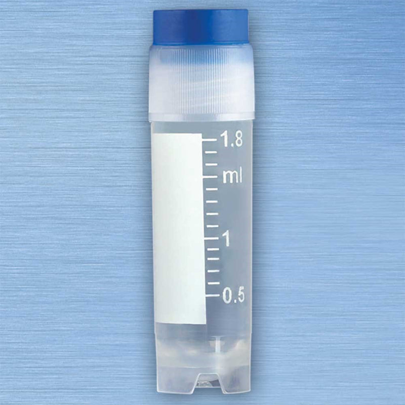 CryoCLEAR vials, 2.0mL, STERILE, External Threads, Assembled BLUE Screwcap with Co-Molded Thermoplastic Elastomer (TPE) Sealing Layer, Round Bottom, Self-Standing, Printed Graduations, Writing Space and Barcode, 50/Bag, 10 Bags/Case