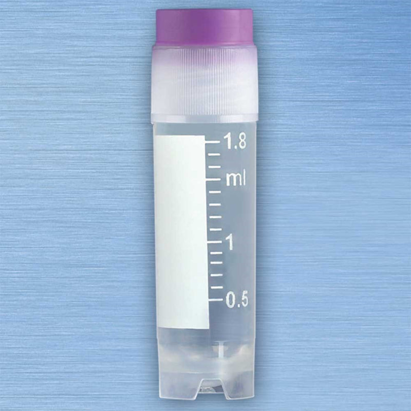 CryoCLEAR vials, 2.0mL, STERILE, External Threads, Assembled VIOLET Screwcap with Co-Molded Thermoplastic Elastomer (TPE) Sealing Layer, Round Bottom, Self-Standing, Printed Graduations, Writing Space and Barcode, 50/Bag, 10 Bags/Case