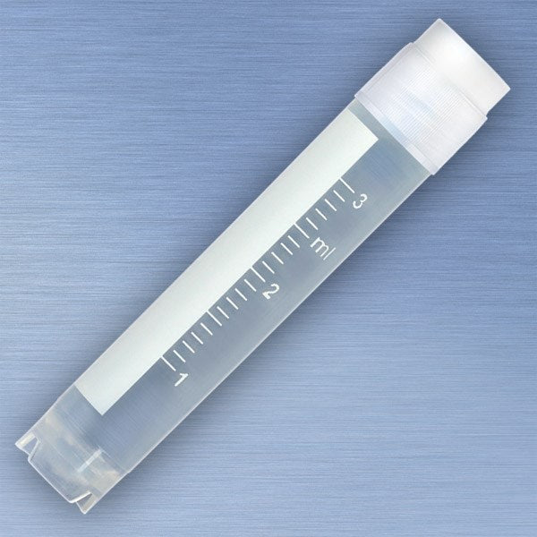 CryoCLEAR vials, 3.0mL, STERILE, External Threads, Attached Screwcap with Co-Molded Thermoplastic Elastomer (TPE) Sealing Layer, Round Bottom, Self-Standing, Printed Graduations, Writing Space and Barcode, 50/Bag
