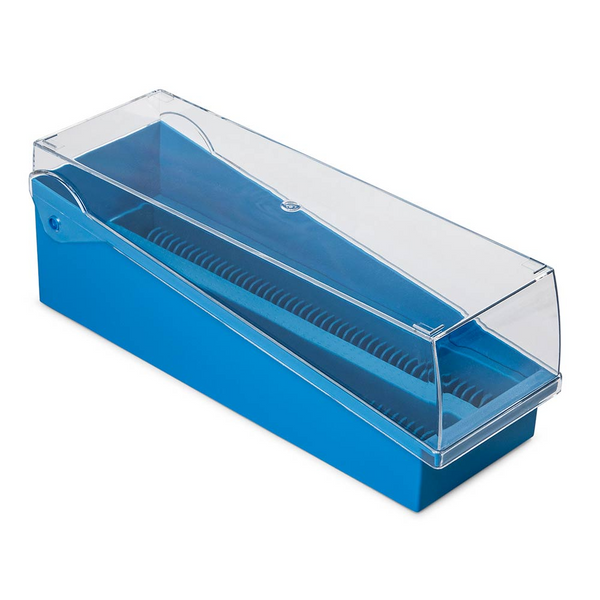 Slide Storage Box with Hinged Lid and Removable Draining Tray, 100-Place for up to 200 Slides, ABS, Blue, 6/Unit
