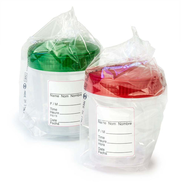 Specimen Container, 4oz, with Full Turn Red Attached Screwcap, ID Label, PP, Graduated, Sterile, Individually Wrapped