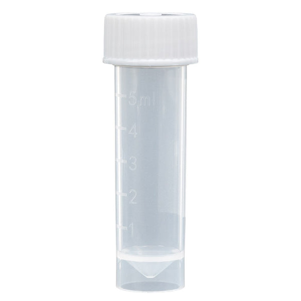 Transport Tube, 5mL, with Separate Screw Cap, AMBER, PP, Conical Bottom, Self-Standing, Molded Graduations