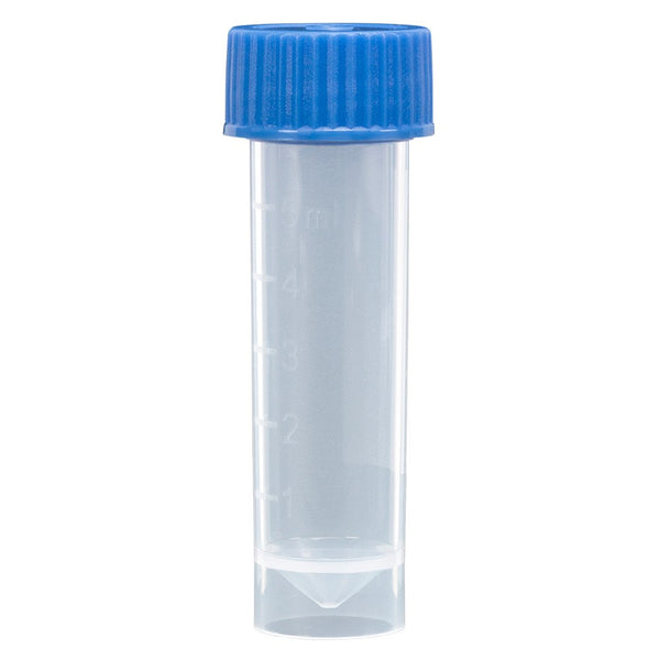 Transport Tube, 5mL, with Separate Blue Screw Cap, PP, Conical Bottom, Self-Standing, Molded Graduations