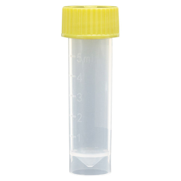 Transport Tube, 5mL, with Separate Yellow Screw Cap, PP, Conical Bottom, Self-Standing, Molded Graduations