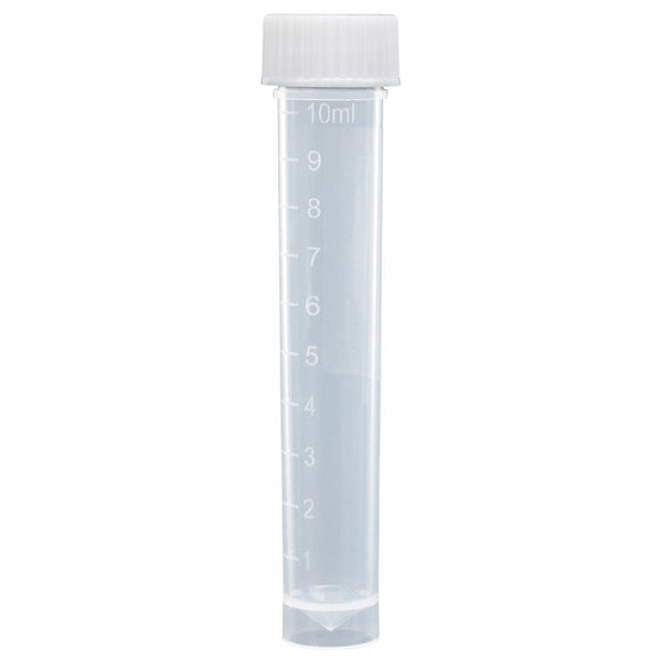 Transport Tube, 10mL, with Attached White Screw Cap, STERILE, PP, Round Bottom, Self-Standing, 25/Bag, 20 Bags/Case