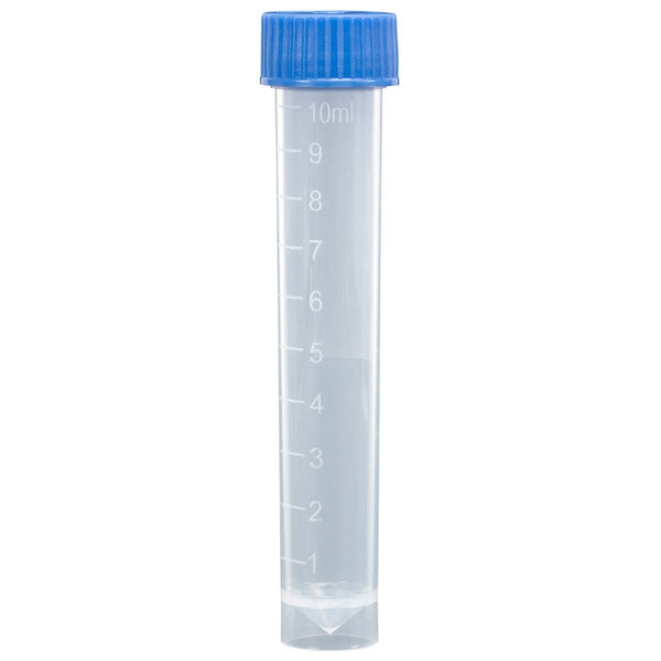 Transport Tube, 10mL, with Separate Blue Screw Cap, PP, Conical Bottom, Self-Standing, Molded Graduations
