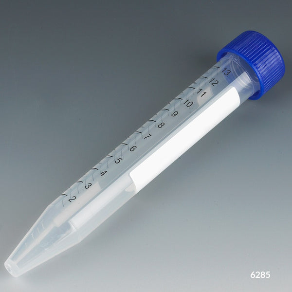 Centrifuge Tube, 15mL, Attached Blue Flat Top Screw Cap, PP, Printed Graduations, STERILE, 25/Bag, 20 Bags/Unit