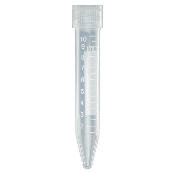 Centrifuge Tube, 10mL, with Separate Natural PP Screw Cap, PP, Printed Graduations, Tubes packed 100/Bag, 10 Bags/Unit & Caps packed 500/Bag, 2 Bags/Unit