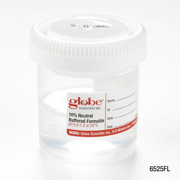 Pre-Filled Container with Click Close Lid: Tite-Rite, 90mL (3oz), Wide Mouth, PP, Filled with 45mL of 10% Neutral Buffered Formalin, Attached Hazard Label, 24/Box, 4 Boxes/Unit