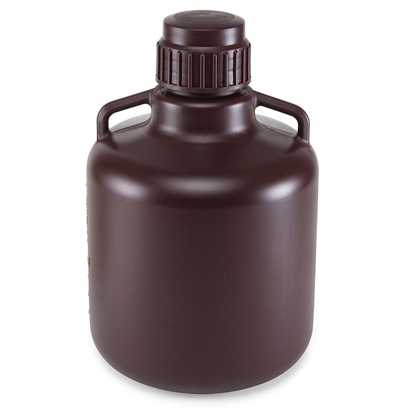 Carboy, Round with Handles, Amber HDPE, Amber PP Screwcap, 10 Liter, Molded Graduations, Autoclavable