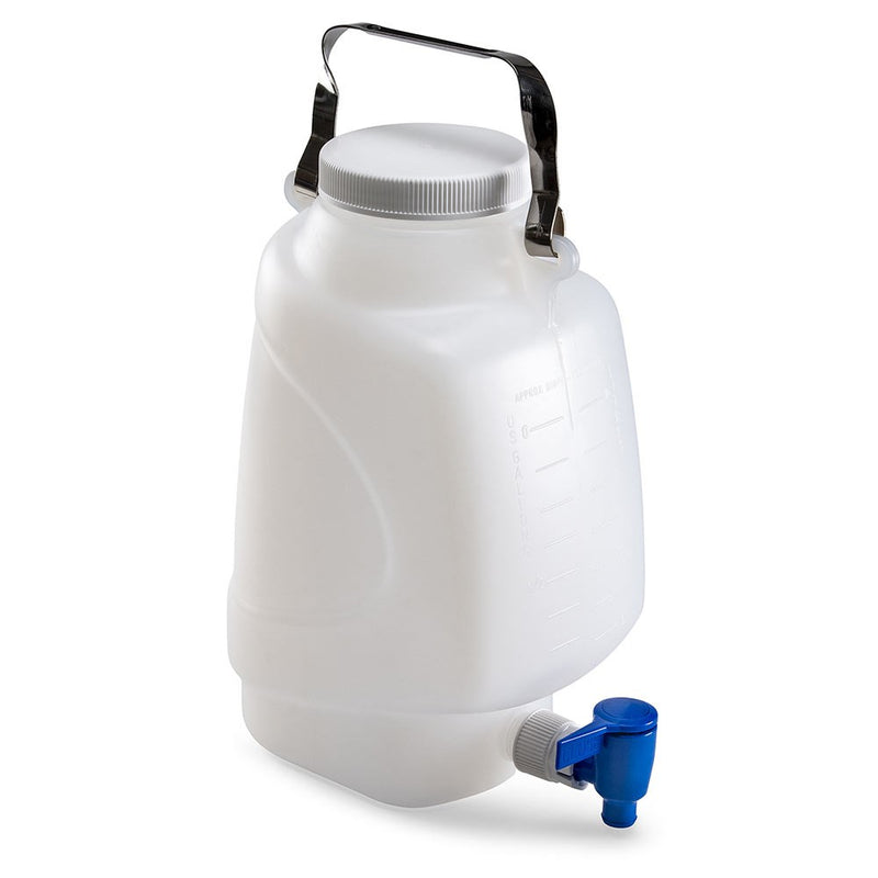 Carboy, Rectangular with Spigot and Handle, PP, White PP Screwcap, 5 Liter, Molded Graduations, Autoclavable