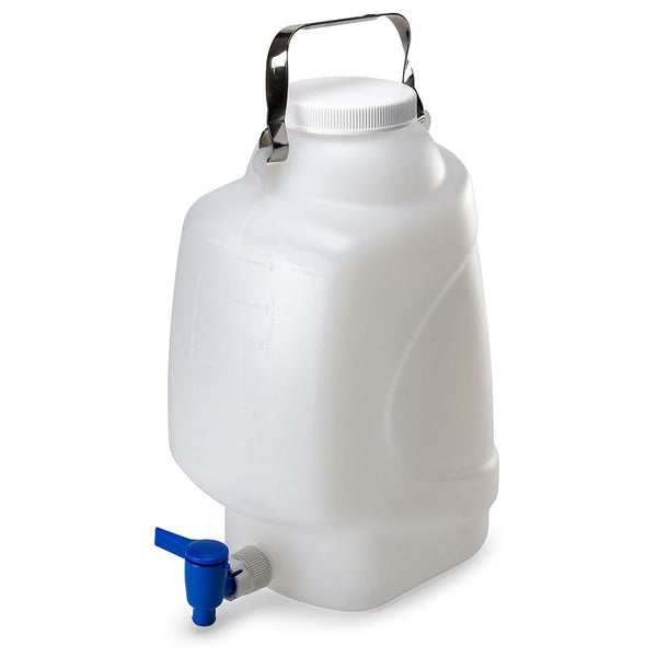 Carboy, Rectangular with Spigot and Handle, PP, White PP Screwcap, 10 Liter, Molded Graduations, Autoclavable