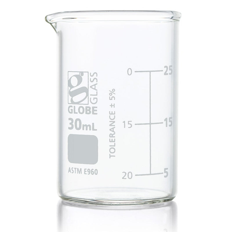 Beaker, Globe Glass, 30mL, Low Form Griffin Style, Dual Graduations, ASTM E960, 12/Box