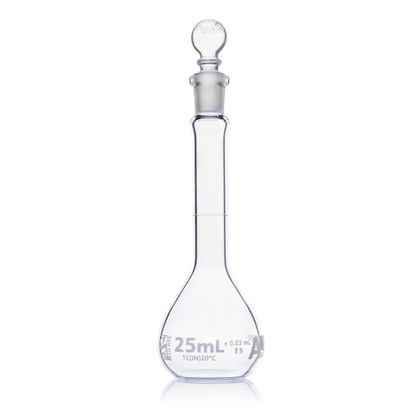 Flask, Volumetric , Globe Glass, 25mL, Class A, To Contain (TC), ASTM E288, 6/Box