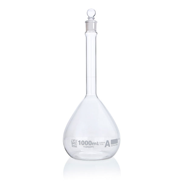 Flask, Volumetric , Globe Glass, 1000mL, Class A, To Contain (TC), ASTM E288, 1/Box