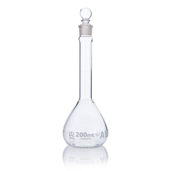 Flask, Volumetric,  Wide Mouth, Globe Glass, 200mL, Class A, To Contain (TC), ASTM E288, 6/Box